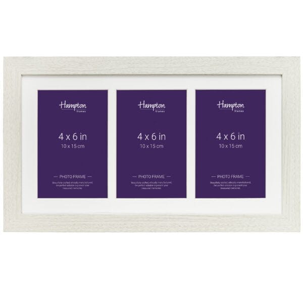 Triple white photo frame with purple inserts displaying sizes