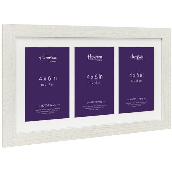 Triple white photo frame showcasing purple inserts