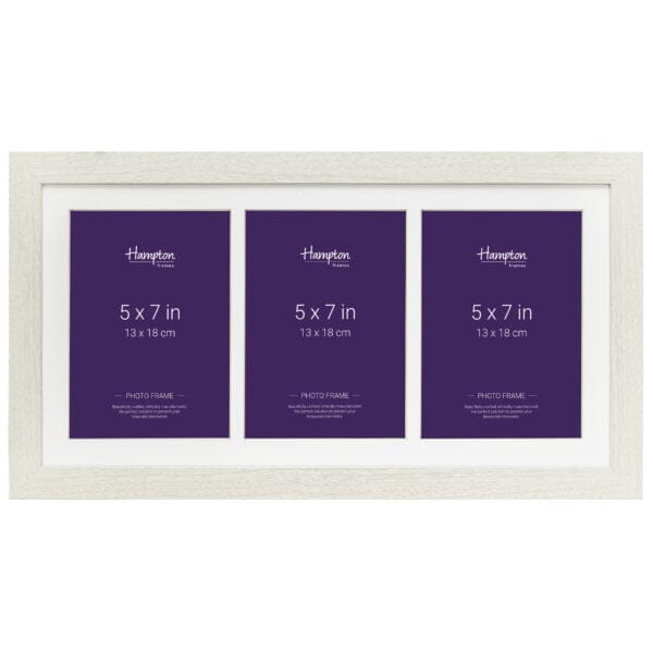 Triple white photo frame with purple inserts