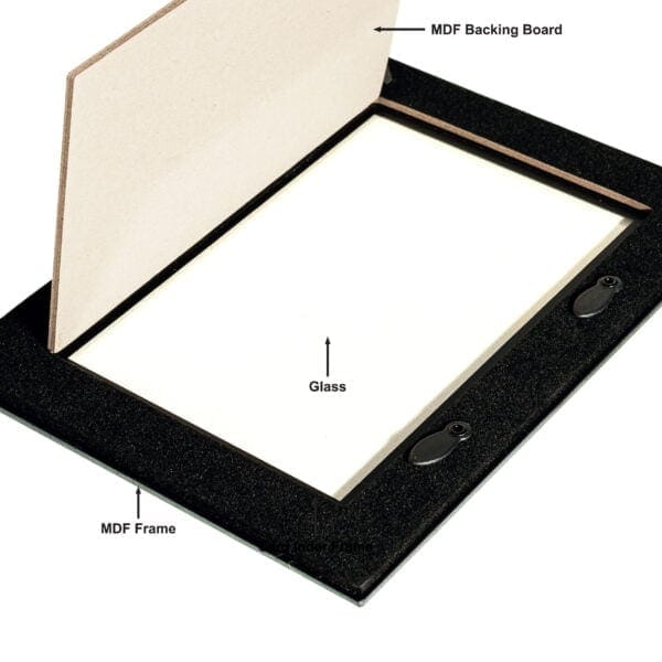 Open photo frame showing MDF backing, glass, and frame