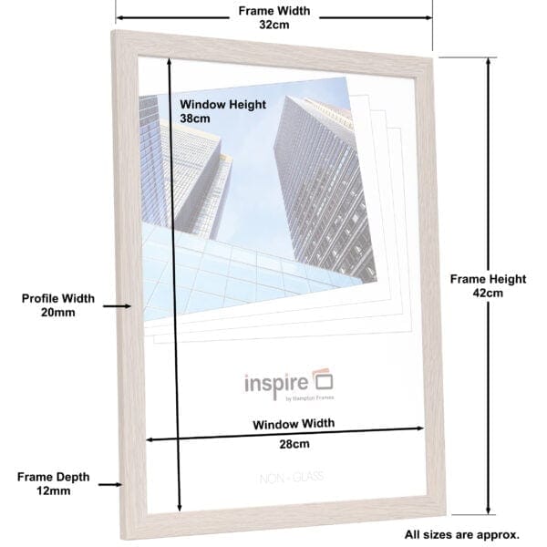 Framed skyscraper photo with detailed dimensions