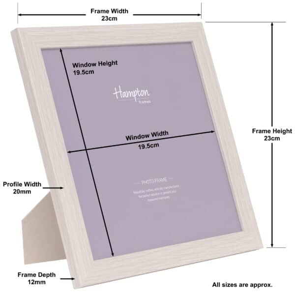 Light wood photo frame with dimensions labeled.