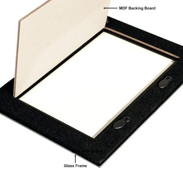 Open shadow box frame showing MDF backing and glass