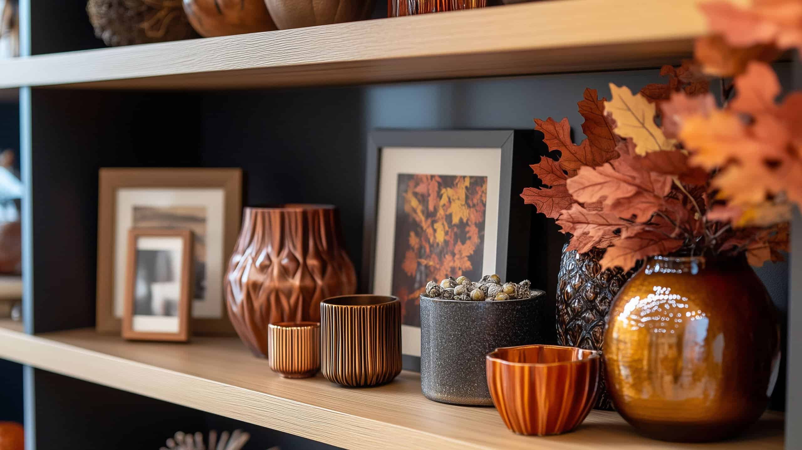 picture frames on a shelf, with vases and leaves, autumn colours