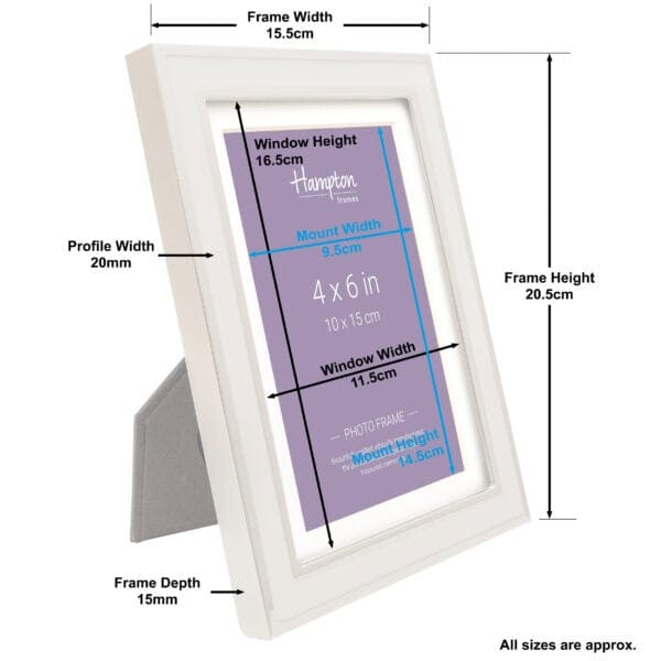 Labelled diagram of a white photo frame with dimensions.